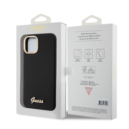 Husa pentru iPhone 15 / iPhone 14 / iPhone 13 - Guess Silicone Script Metal Logo and Frame (GUHCP15SSMBSLK) - Black