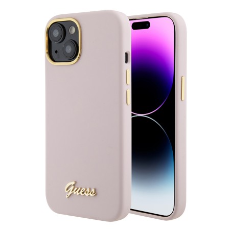 Husa pentru iPhone 15 / iPhone 14 / iPhone 13 - Guess Silicone Script Metal Logo and Frame (GUHCP15SSMBSLP) - Light Pink