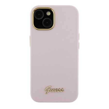 Husa pentru iPhone 15 / iPhone 14 / iPhone 13 - Guess Silicone Script Metal Logo and Frame (GUHCP15SSMBSLP) - Light Pink