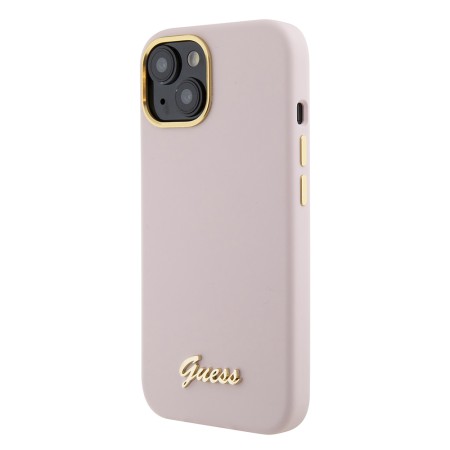 Husa pentru iPhone 15 / iPhone 14 / iPhone 13 - Guess Silicone Script Metal Logo and Frame (GUHCP15SSMBSLP) - Light Pink