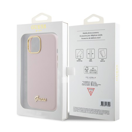 Husa pentru iPhone 15 / iPhone 14 / iPhone 13 - Guess Silicone Script Metal Logo and Frame (GUHCP15SSMBSLP) - Light Pink