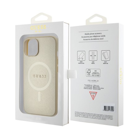 Husa pentru iPhone 15 / iPhone 14 / iPhone 13 - Guess Saffiano MagSafe (GUHMP15SPSAHMCB) - Gold