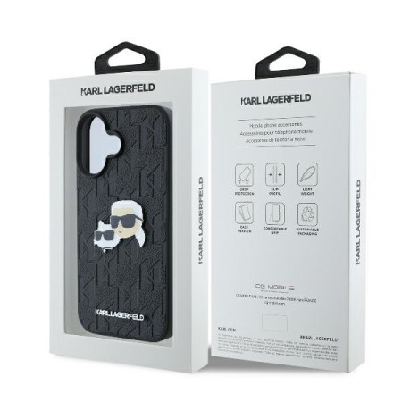 Husa iPhone 16 - Karl Lagerfeld Hardcase Leather Monogram (KLHCP16SPGKLKCPK) - KarlandChaoupette Head Pin