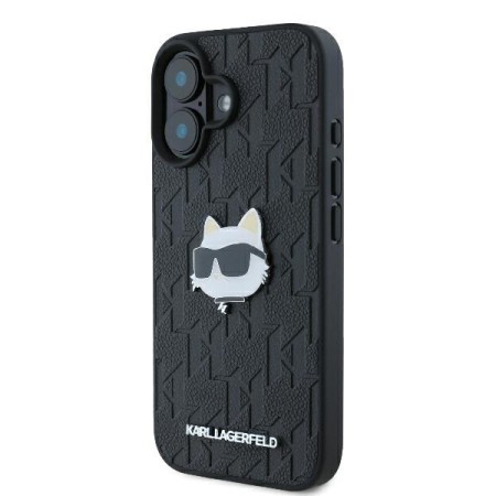 Husa iPhone 16 - Karl Lagerfeld Hardcase Leather Monogram (KLHCP16SPGKLCHPK) - Choupette Head Pin