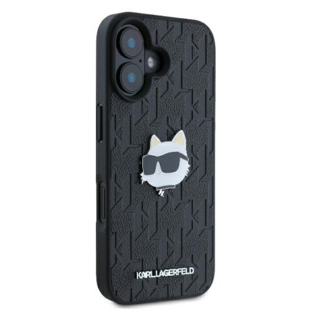 Husa iPhone 16 - Karl Lagerfeld Hardcase Leather Monogram (KLHCP16SPGKLCHPK) - Choupette Head Pin