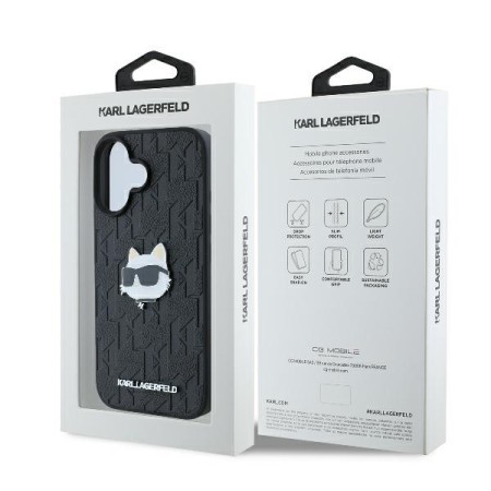 Husa iPhone 16 - Karl Lagerfeld Hardcase Leather Monogram (KLHCP16SPGKLCHPK) - Choupette Head Pin