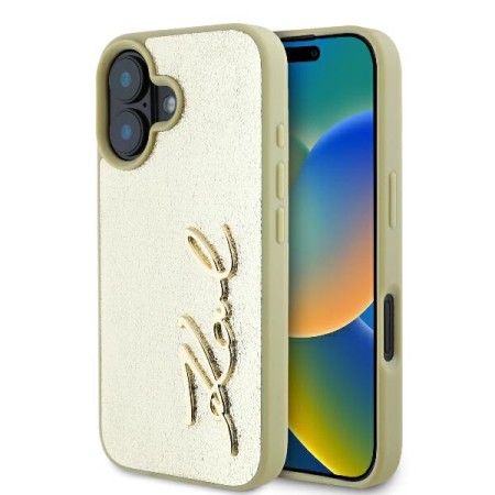 Husa iPhone 16 - Karl Lagerfeld Hardcase Leather (KLHCP16SPFMFBKMD) - Gold Metal Signature