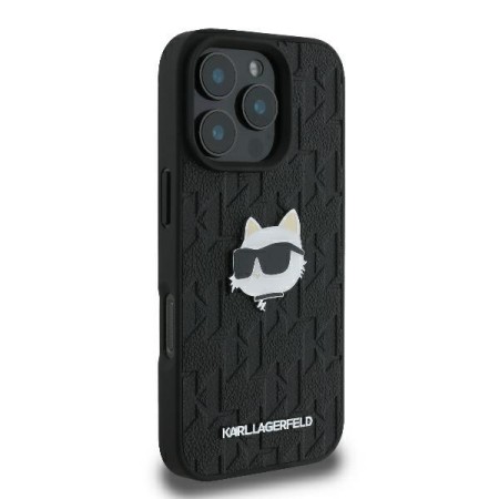 Husa iPhone 16 Pro - Karl Lagerfeld Hardcase Leather Monogram (KLHCP16LPGKLCHPK) - Choupette Head Pin