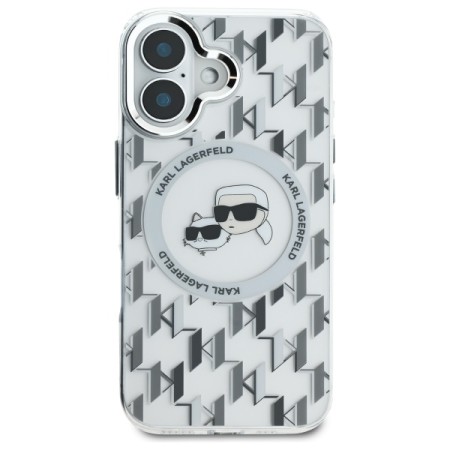 Husa pentru iPhone 16 - Karl Lagerfeld IML MagSafe (KLHMP16SHMCKMHT) - Transparent Monogram KarlandChoupette Head