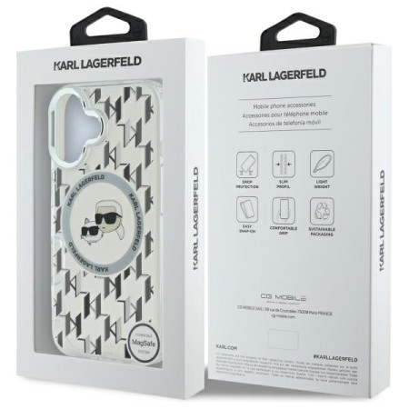 Husa pentru iPhone 16 - Karl Lagerfeld IML MagSafe (KLHMP16SHMCKMHT) - Transparent Monogram KarlandChoupette Head