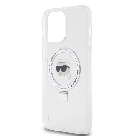 Husa pentru iPhone 15 Pro Max - Karl Lagerfeld Hardcase Ring Stand MagSafe (KLHMP15XHMRSKHH) - White Karl Head