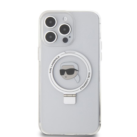 Husa pentru iPhone 15 Pro Max - Karl Lagerfeld Hardcase Ring Stand MagSafe (KLHMP15XHMRSKHH) - White Karl Head