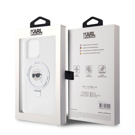 Husa pentru iPhone 15 Pro Max - Karl Lagerfeld Hardcase Ring Stand MagSafe (KLHMP15XHMRSKHH) - White Karl Head