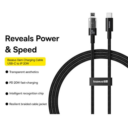 Cablu USB-C la Lightning, Fast Charging 20W, 2m - Baseus Gem (P10373001111-01) - Cluster Black