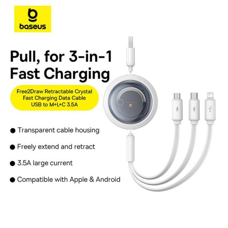 Cablu de Date USB la Type-C, Lightning, Micro-USB, 100W, 1.1m - Baseus Free 2 Draw (P10368700211-02) - Moon White