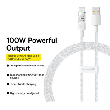 Cablu USB la Type-C, Super Fast Charging 100W, 1m - Baseus Gem (P10373002211-00) - Moon White