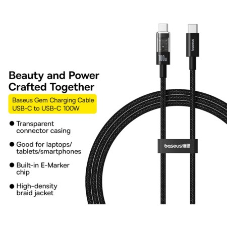 Cablu USB-C la Type-C, Super Fast Charging 100W, 2m - Baseus Gem (P10373000111-01) - Cluster Black