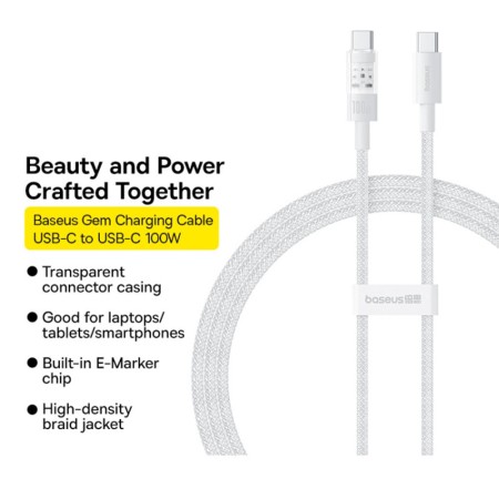 Cablu USB-C la Type-C, Super Fast Charging 100W, 1m - Baseus Gem (P10373000211-00) - Moon White