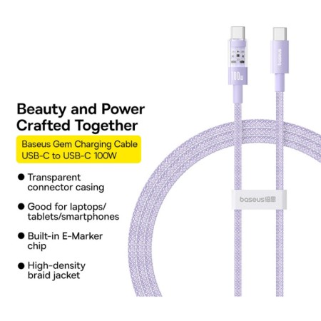 Cablu USB-C la Type-C, Super Fast Charging 100W, 1m - Baseus Gem (P10373000511-00) - Nebula Purple