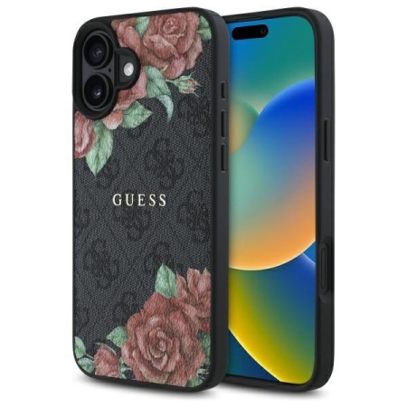 Husa pentru iPhone 16 - Guess Hardcase 4G Flower Print MagSafe - Black