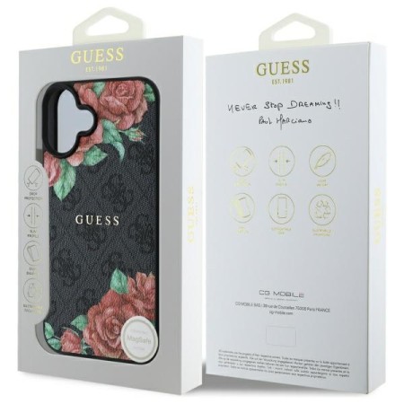 Husa pentru iPhone 16 - Guess Hardcase 4G Flower Print MagSafe - Black