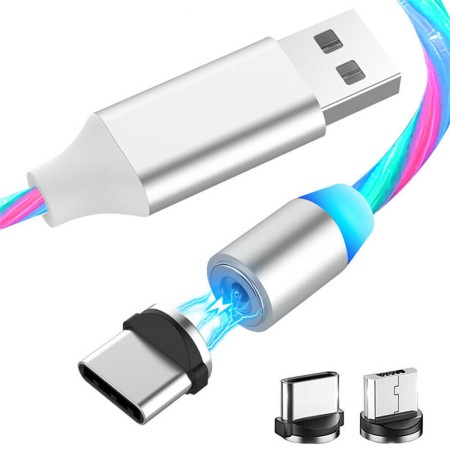 Cablu de Incarcare Magnetic USB la Type-C, Micro-USB, Lightning 1m - Techsuit LED Flowing - White