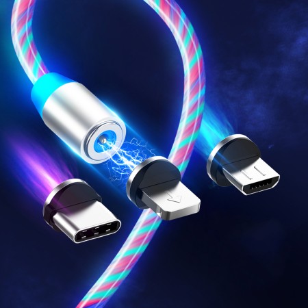 Cablu de Incarcare Magnetic USB la Type-C, Micro-USB, Lightning 1m - Techsuit LED Flowing - White