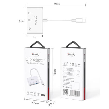 Cititor de Carduri SD, TF + Adaptor Type-C - Yesido (GS16) - White