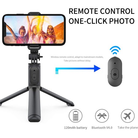 Selfie Stick Stabil Bluetooth, 100cm - Techsuit Remote and Tripod Mount (Q01) - Black