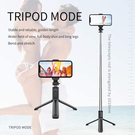 Selfie Stick Stabil Bluetooth, 100cm - Techsuit Remote and Tripod Mount (Q01) - Black