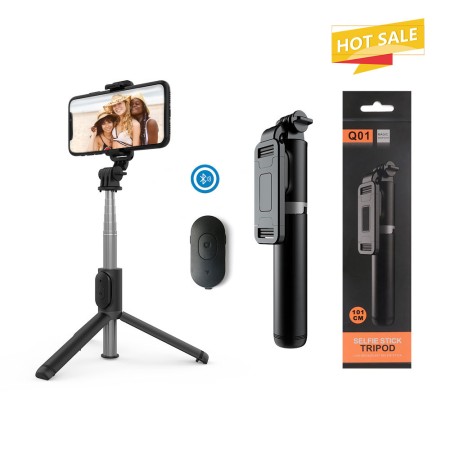 Selfie Stick Stabil Bluetooth, 100cm - Techsuit Remote and Tripod Mount (Q01) - Black