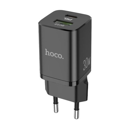 Incarcator Priza USB-A, Type-C, Q.C3.0, PD30W, 3.0A + Cablu Lightning - Hoco Bright (N13) - Black