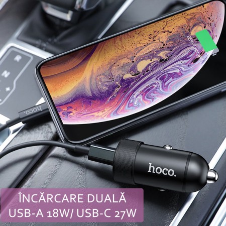 Incarcator Auto USB, QC3.0, 18W, Type-C, PD20W - Hoco (Z32B Speed Up) - Black