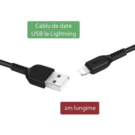 Cablu de Date USB-A la Lightning 10W, 2A, 2m - Hoco Flash (X20) - Black