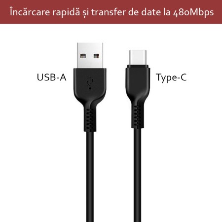 Cablu de Date USB-A la Type-C 10W, 3A, 3m - Hoco Flash (X20) - Black