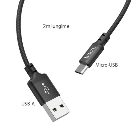 Cablu de Date USB-A la Micro-USB 2.4A, 2m - Hoco Times Speed (X14) - Black