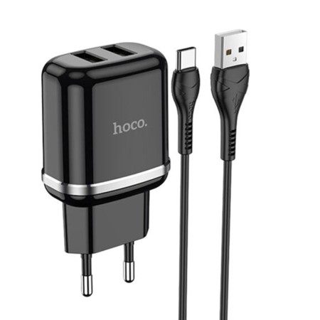 Incarcator Priza 2xUSB-A, 12W, 2.4A + Cablu Type-C 1m - Hoco Aspiring (N4) - Black