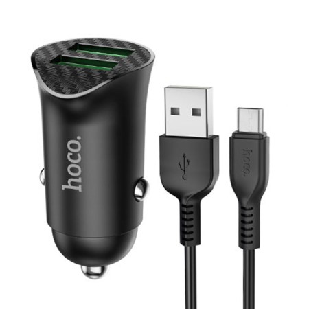 Incarcator Auto 2x USB QC3.0, 18W + Cablu Micro-USB 1m- Hoco (Z39 Farsighted) - Black