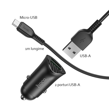 Incarcator Auto 2x USB QC3.0, 18W + Cablu Micro-USB 1m- Hoco (Z39 Farsighted) - Black