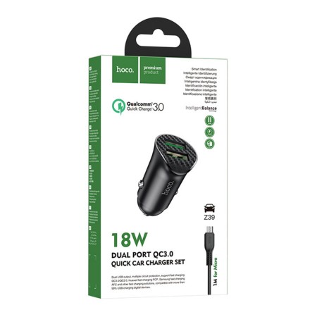 Incarcator Auto 2x USB QC3.0, 18W + Cablu Micro-USB 1m- Hoco (Z39 Farsighted) - Black