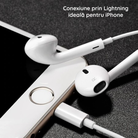 Casti Audio Stereo Lightning cu Microfon, 1.2m - Hoco Original Series (L7 Plus) - White