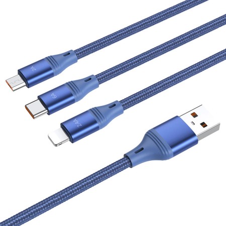 Cablu de Date 3in1 USB-A la Lightning, Type-C, Micro-USB 66W, 6A, 1.2m - Hoco Ultra (U104) - Blue