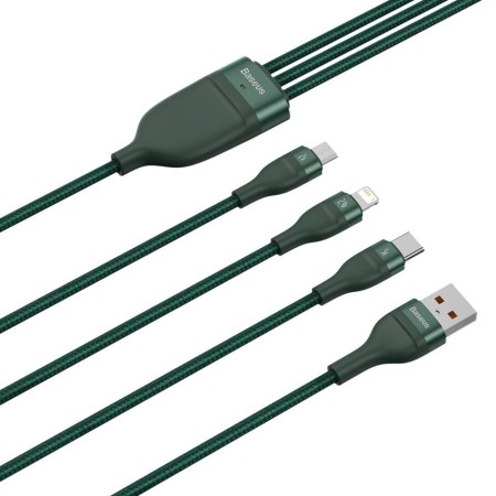 Cablu de Date USB la Lightning, Micro-USB, Type-C 66W, 1.2m - Baseus Flash Series (CA1T3-06) - Green