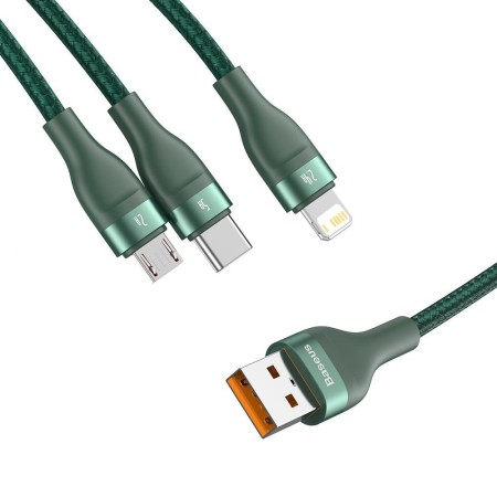 Cablu de Date USB la Lightning, Micro-USB, Type-C 66W, 1.2m - Baseus Flash Series (CA1T3-06) - Green