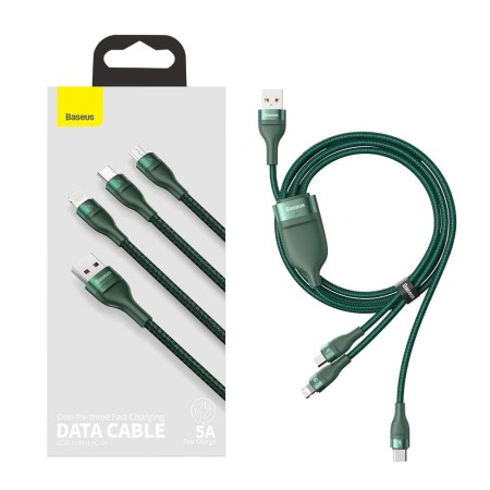 Cablu de Date USB la Lightning, Micro-USB, Type-C 66W, 1.2m - Baseus Flash Series (CA1T3-06) - Green