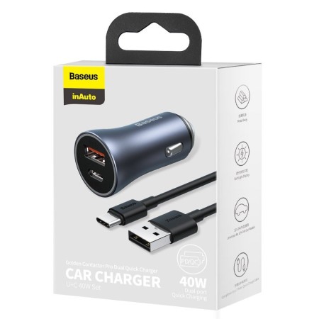 Incarcator Auto USB, Type-C, 40W + Cablu Type-C - Baseus (TZCCJD-0G) - Dark Gray