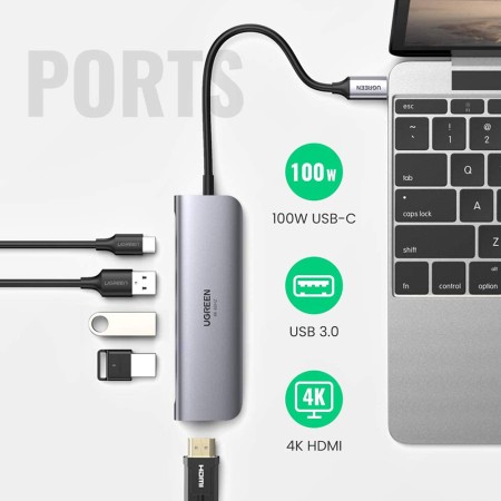 Hub Type-C la 3xUSB 3.0, HDMI, Type-C PD100W, 4k*2kat60Hz - Ugreen (70495) - Space Gray