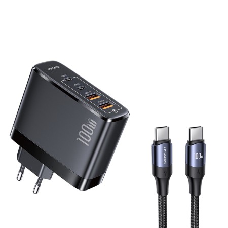 Incarcator Priza 2xUSB-C GaN 100W, 2xUSB-A QC 3.0 + Cablu Type-C 1.2m - USAMS (UCTZ01) - Black