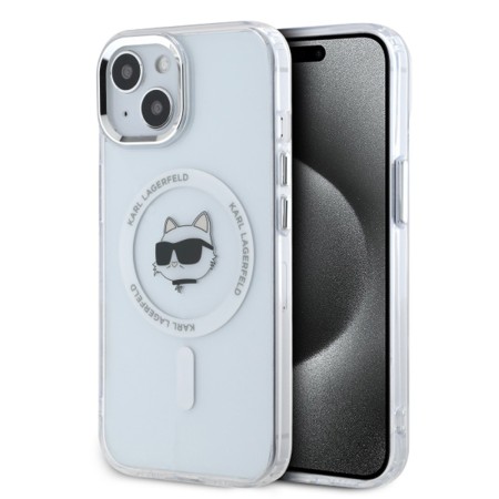 Husa pentru iPhone 15 - Karl Lagerfeld IML MagSafe (KLHMP15SHLSCHH) - White Metal Choupettes Head