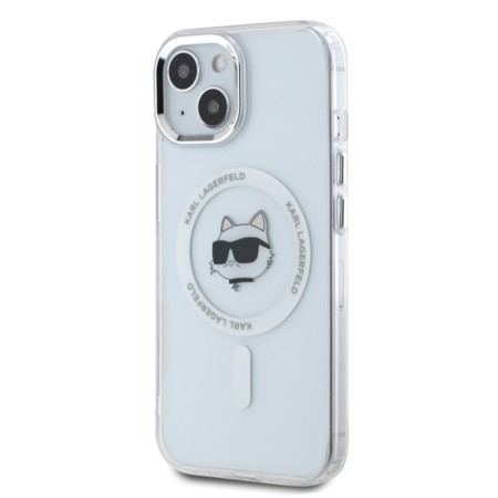 Husa pentru iPhone 15 - Karl Lagerfeld IML MagSafe (KLHMP15SHLSCHH) - White Metal Choupettes Head